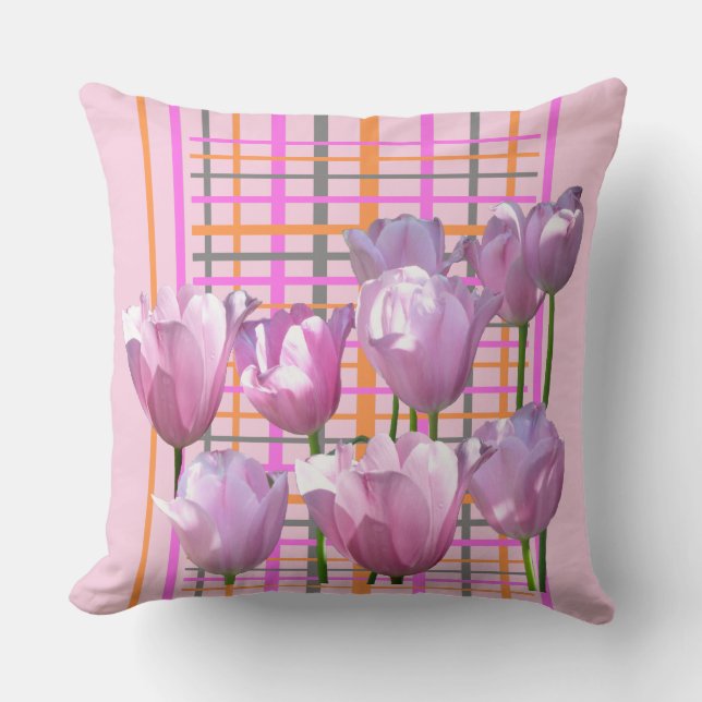 Sunny Pink Tulips Checkered Pattern Throw Pillow (Front)
