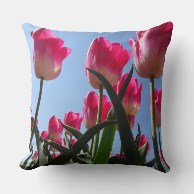 Sunny Pink Tulips Close Up Throw Pillow (Front)