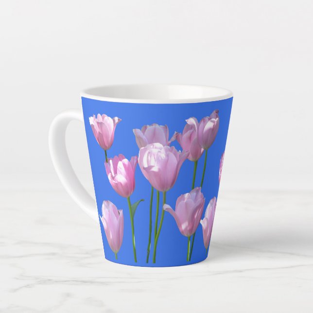 Sunny Pink Tulips Cust. BC Blue Latte Mug (Left Angle)