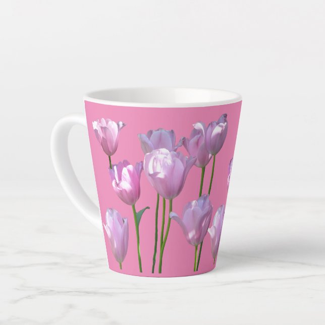 Sunny Pink Tulips Cust. BC Pink Latte Mug (Left Angle)