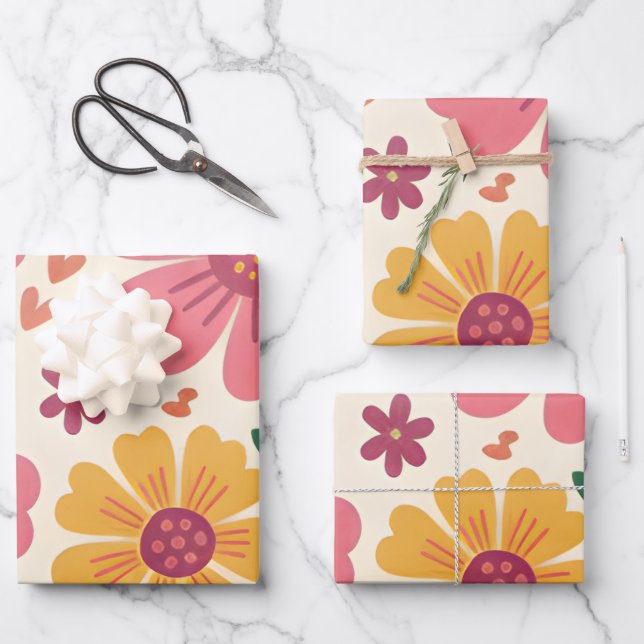 Sunny Pink & Yellow Blooms with Heart Accents Wrapping Paper Sheets (Front)