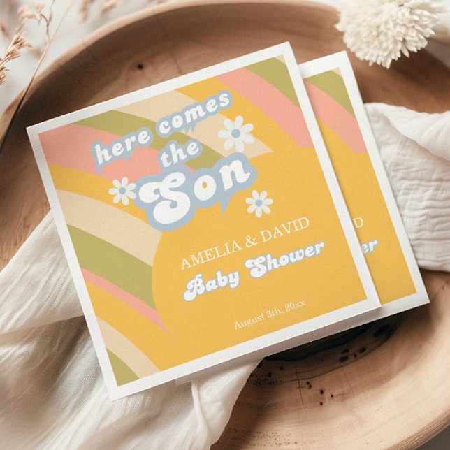 Sunny Retro Pastel Here Comes The Son Baby Shower Napkins (Creator Uploaded)