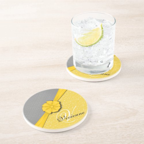 Sunny Ribbon Two Tone Yellow Waves Grey Fabric Coaster