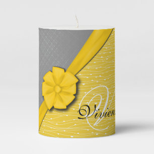 Sunny Ribbon, Two Tone Yellow Waves Grey Fabric Pillar Candle
