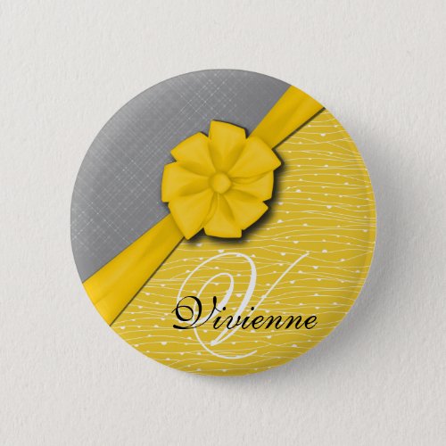 Sunny Ribbon Two Tone Yellow Waves Grey Fabric Pinback Button