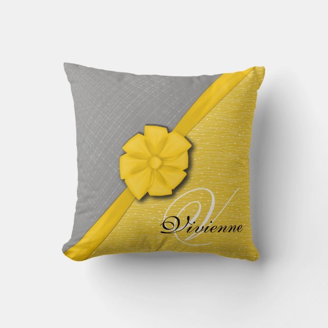 Sunny Ribbon, Two Tone Yellow Waves Grey Fabric Throw Pillow (Front)