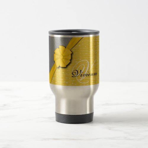 Sunny Ribbon Two Tone Yellow Waves Grey Fabric Travel Mug