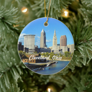 Sunny River Skyline Cleveland Ceramic Ornament