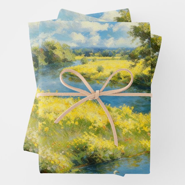 Sunny River & Yellow Wildflower Meadow Wrapping Paper Sheets (In situ)