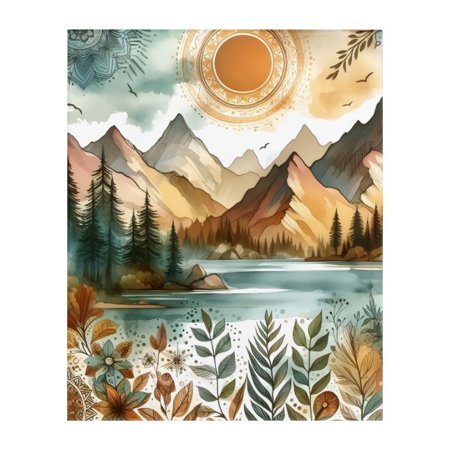 Sunny Rustic Boho Nature Pattern Mountain Lake Acrylic Print (Front)