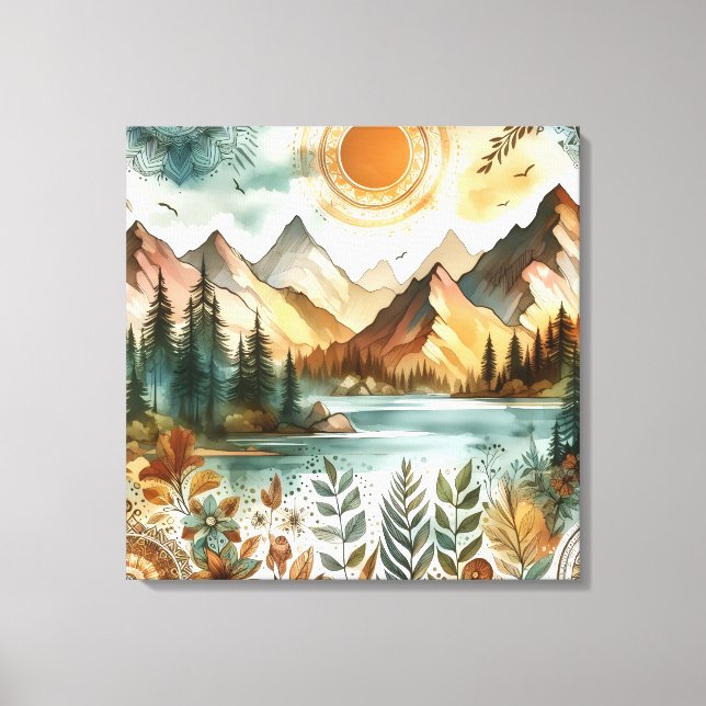 Sunny Rustic Boho Nature Pattern Mountain Lake Canvas Print (Front)