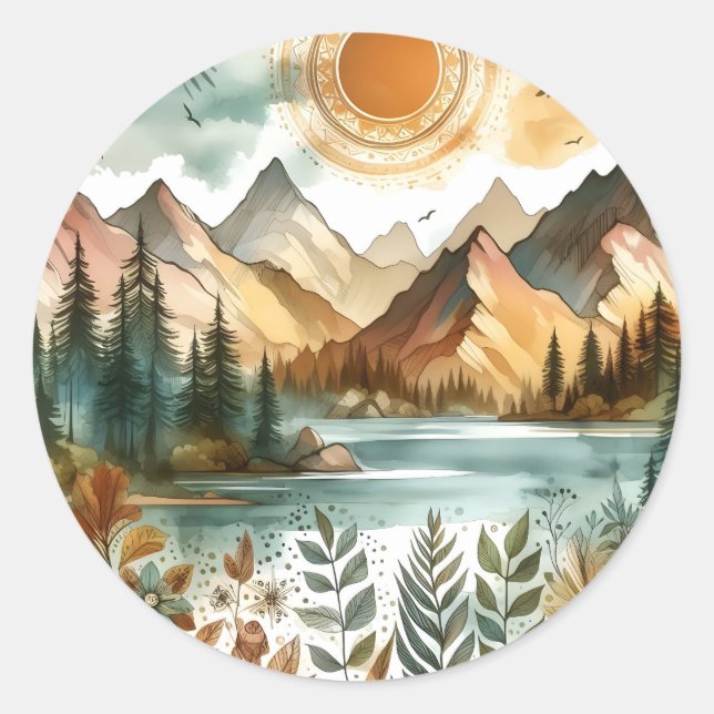 Sunny Rustic Boho Nature Pattern Mountain Lake Classic Round Sticker (Front)