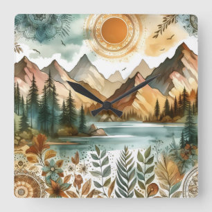 Sunny Rustic Boho Nature Pattern Mountain Lake Square Wall Clock