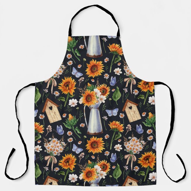 Sunny Rustic Watercolor Sunflowers Pattern Apron (Front)