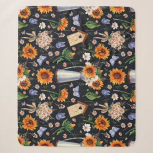Sunny Rustic Watercolor Sunflowers Pattern Sherpa Blanket