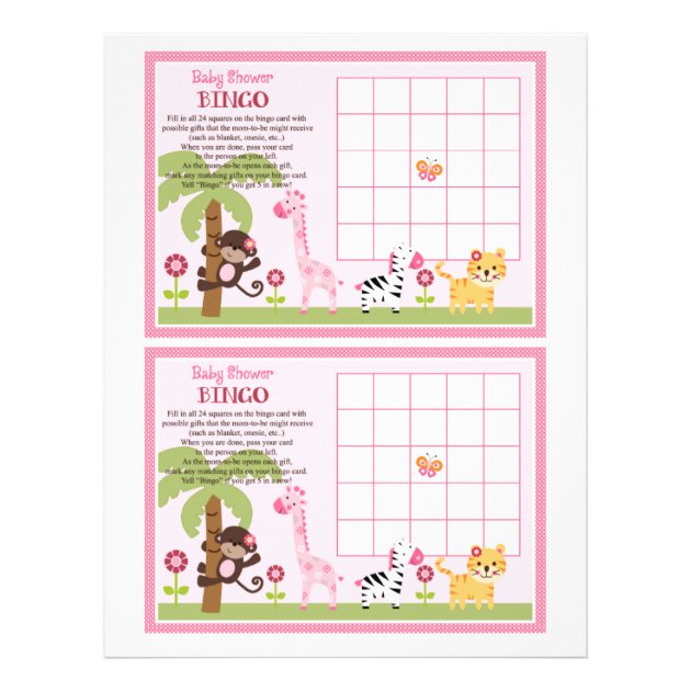 Sunny Safari Girl Animal "Baby Shower Bingo" Sheet