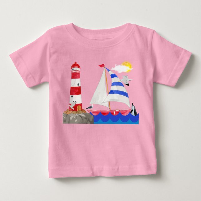 Sunny Sailing Ocean Adventure Sailboat Lighthouse Baby T-Shirt (Front)