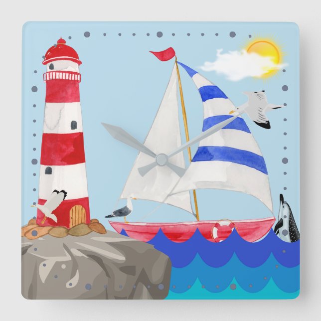 Sunny Sailing Ocean Adventure Sailboat Lighthouse Square Wall Clock (Front)