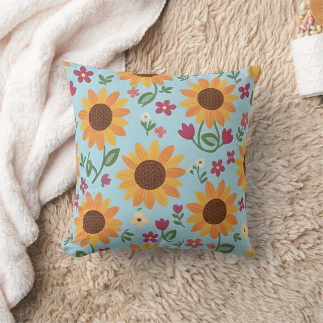 Sunny Sky Sunflower Meadow Throw Pillow (Blanket)