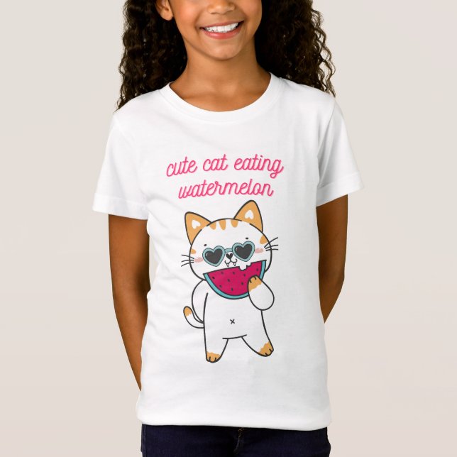 Sunny Slice Delight: Cute Cat with Watermelon T-Shirt (Front)