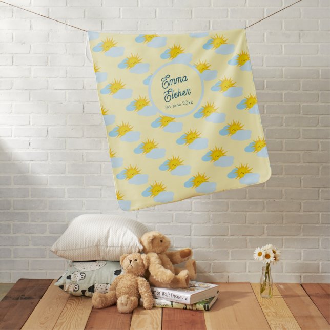 Sunny Smiles Pattern Yellow Custom Name and Birth Baby Blanket (In Situ)