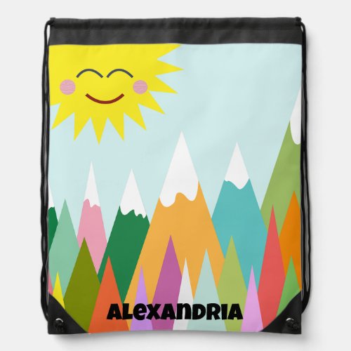 Sunny snow covered mountains drawstring bag