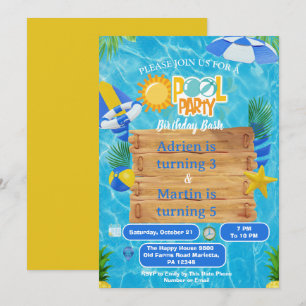 Sunny Splash Joint Pool Party For Kids Invitation