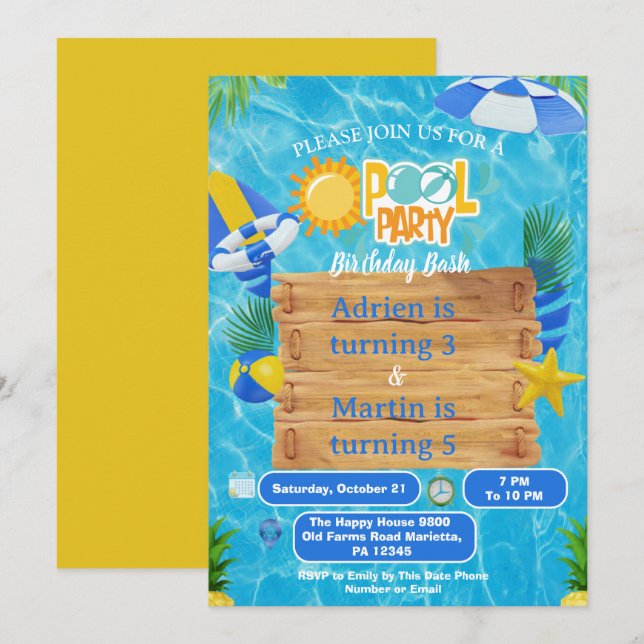 Sunny Splash Joint Pool Party  For Kids  Invitation (Front/Back)