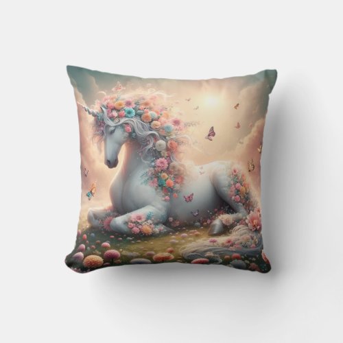 Sunny Spring Flowers Unicorn Throw Pillow