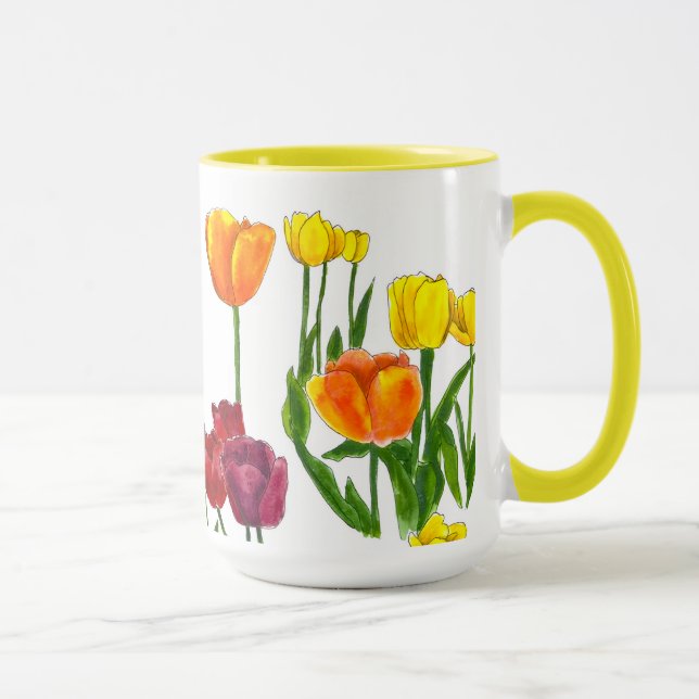 Sunny Spring Tulips Floral Illustration Mug (Right)
