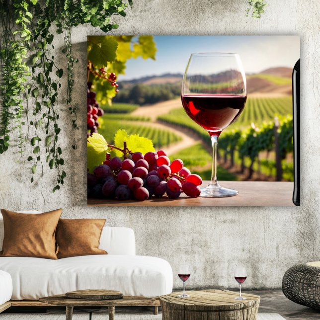Sunny Summer Wine Vineyard Acrylic Print (Sunny summer painting of a glass of red with grapes overlooking a hilly vineyard scene)