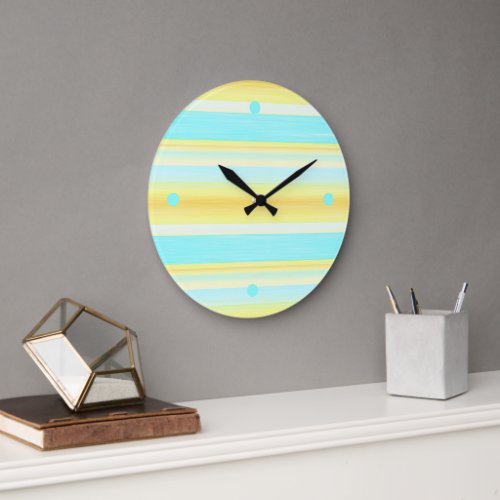 Sunny Summer Yellow Aqua Blue Watercolor Stripes Large Clock