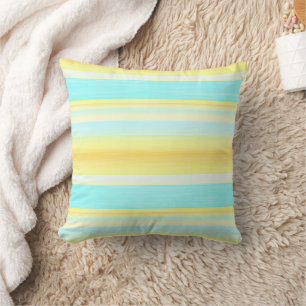 Sunny Summer Yellow Aqua Blue Watercolor Stripes Throw Pillow