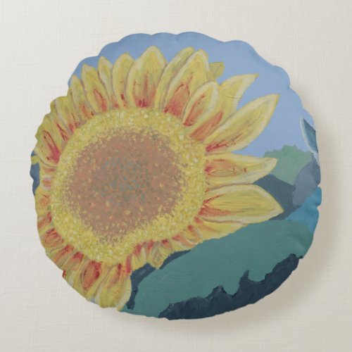 Sunny Summer Yellow Sunflower modern abstract Round Pillow