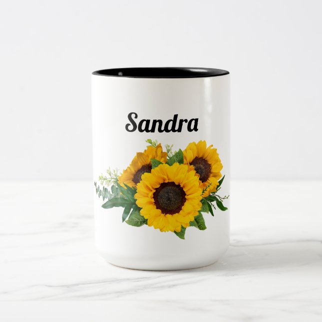 Sunny Sunflower Custom Name Two-Tone Coffee Mug (Center)