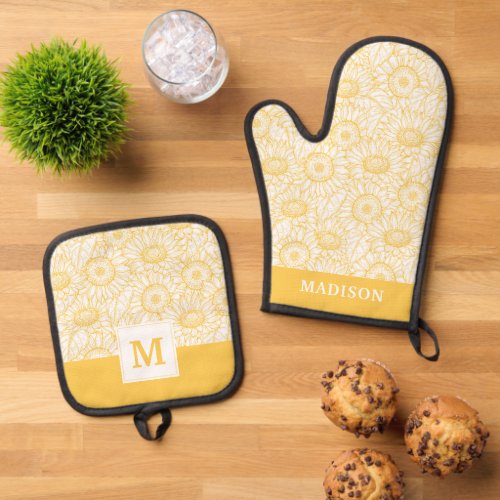 Sunny Sunflower Pattern Oven Mitt  Pot Holder Set