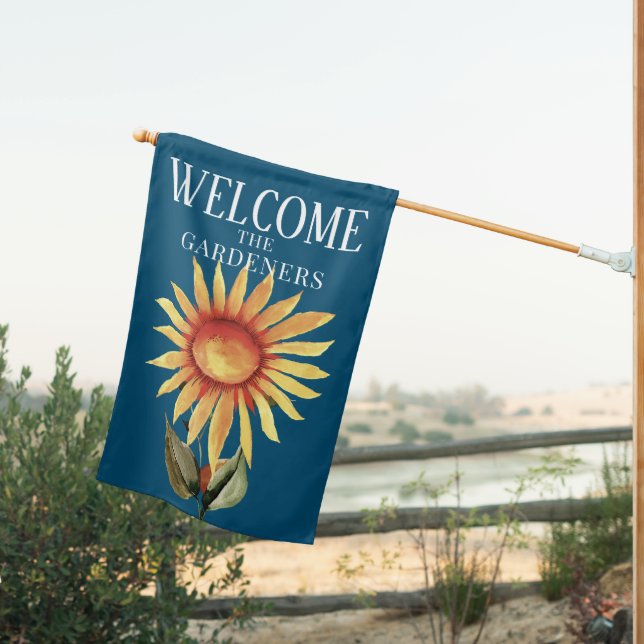 Sunny Sunflower Personalized  WELCOME House Flag (Insitu (Back))