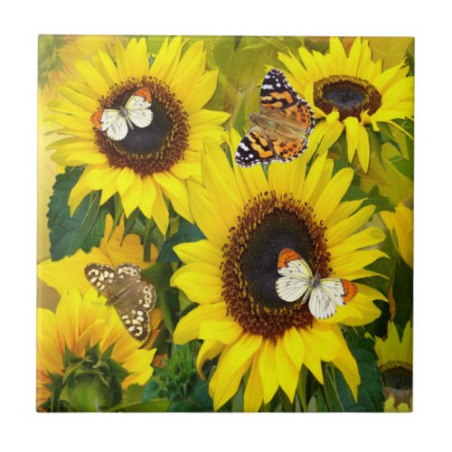 Sunny Sunflowers and Butterflies Tile