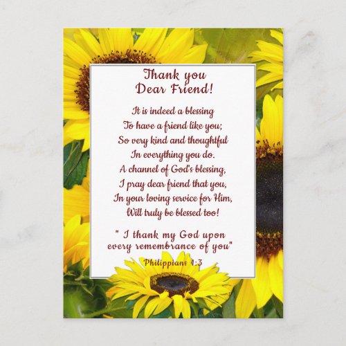 Sunny Sunflowers Thank You Christian Friend Postcard