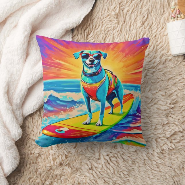 Sunny Surfing Pup: Beach Bliss Throw Pillow (Blanket)