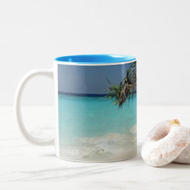 Sunny Tropical Beach Ocean Paradise Two-Tone Coffee Mug (With Donut)