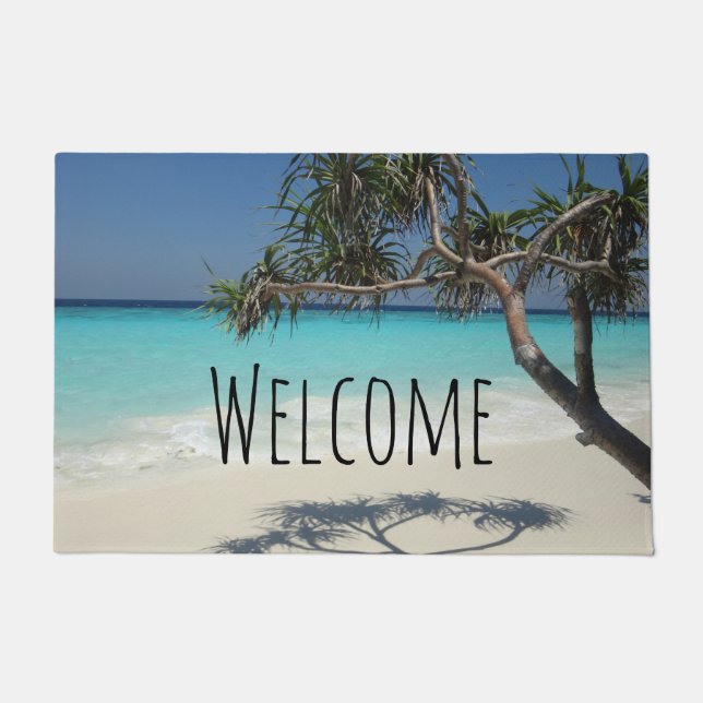 Sunny Tropical Beach Ocean Paradise Welcome Doormat (Front)