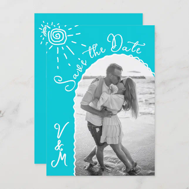 Sunny Tropical Hand Drawn Save The Date Photo Invitation 