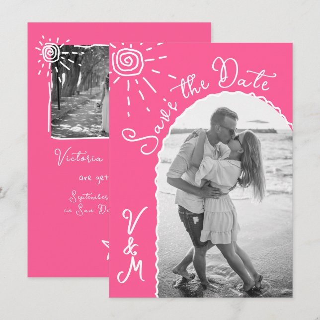 Sunny Tropical Hand drawn Save the date Photo Invitation (Front/Back)