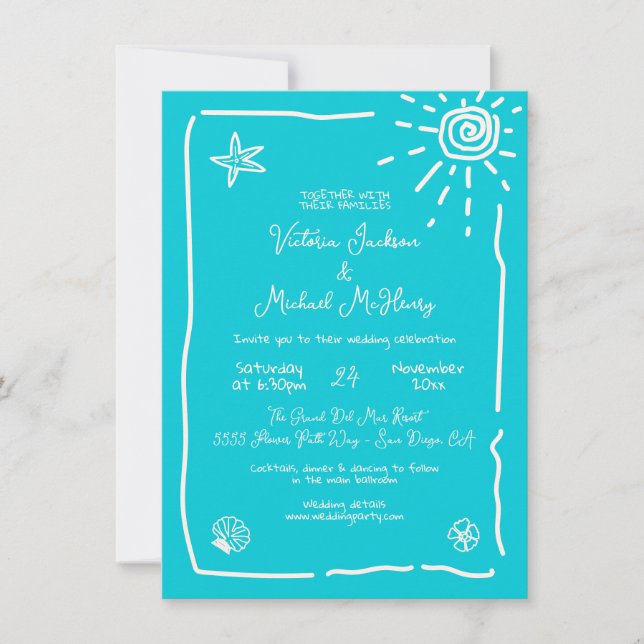 Sunny Tropical Hand drawn Wedding Destination Invitation (Front)