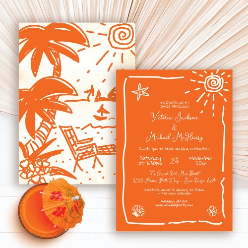 Sunny Tropical Hand drawn Wedding Destination Invitation