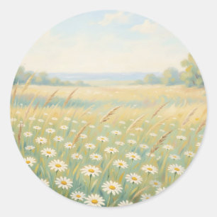 Sunny White Daisy Meadow Wildflower Field Classic Round Sticker