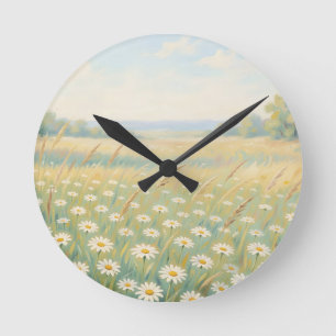 Sunny White Daisy Meadow Wildflower Field Round Clock