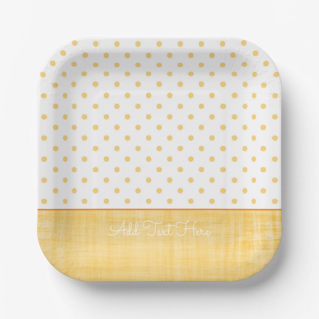 Sunny Whitewash Linen Yellow Polkadots Custom Text Paper Plates (Front)
