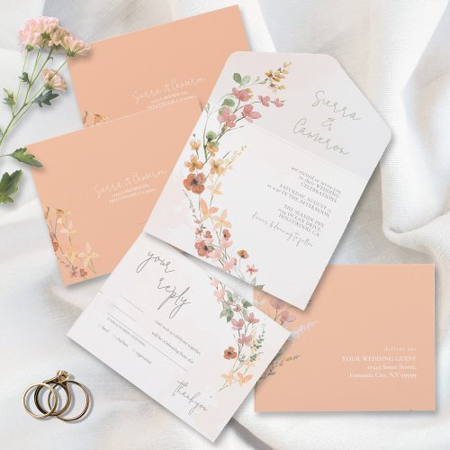 Sunny Wildflower Wedding Apricot ID1023 All In One Invitation